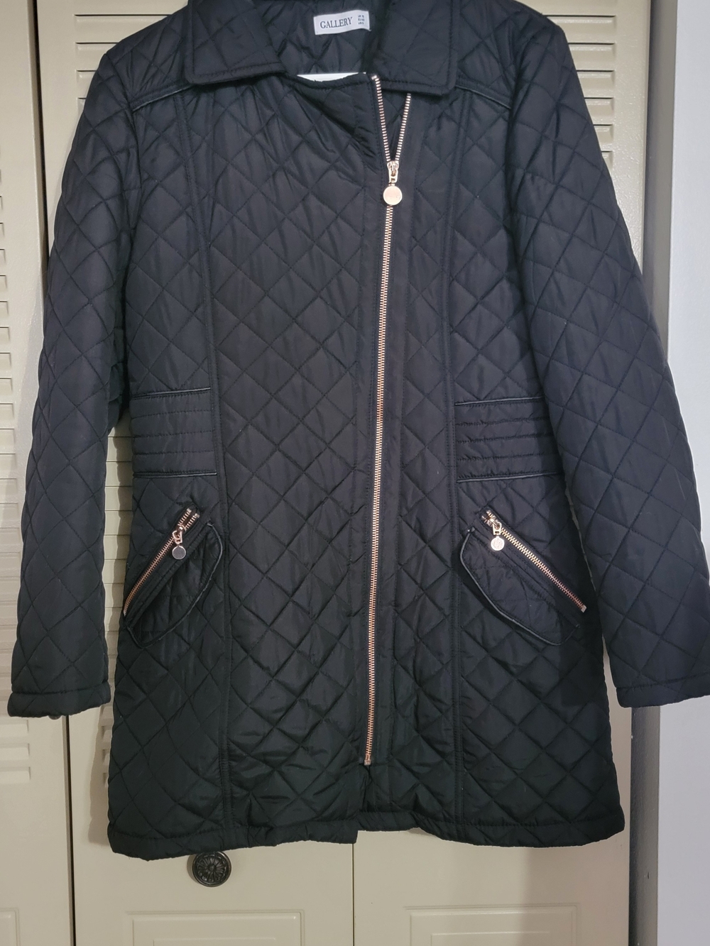 Gallery Black Quilted Zip-Front Puffer Coat with Rose Gold Zippers